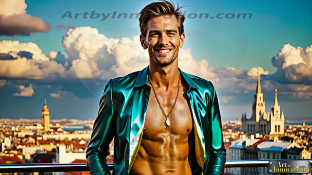 The Men of the Golden City is a collection of AI generated images of beautiful, glamorous, handsome guys in the heavens. The heavenly landscape evokes a sense of magnificence, the majestic gothic architecture, is detailed and crafted to create an atmosphere of reverence and divine glory. The mystical and galactic landscape highlights the golden city. The great detail of the city and the billowing clouds. A golden river flows from the city to the end of the galaxy. The vast galaxy almost covers the image. The stars and constellations sparkle in the galaxy. The city has massive, magnificent, majestic gothic architecture.