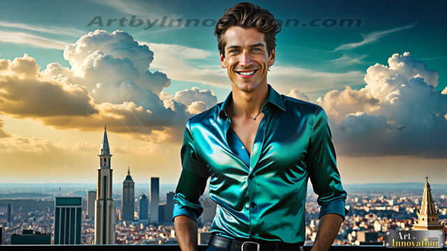 The Men of the Golden City is a collection of AI generated images of beautiful, glamorous, handsome guys in the heavens. The heavenly landscape evokes a sense of magnificence, the majestic gothic architecture, is detailed and crafted to create an atmosphere of reverence and divine glory. The mystical and galactic landscape highlights the golden city. The great detail of the city and the billowing clouds. A golden river flows from the city to the end of the galaxy. The vast galaxy almost covers the image. The stars and constellations sparkle in the galaxy. The city has massive, magnificent, majestic gothic architecture.