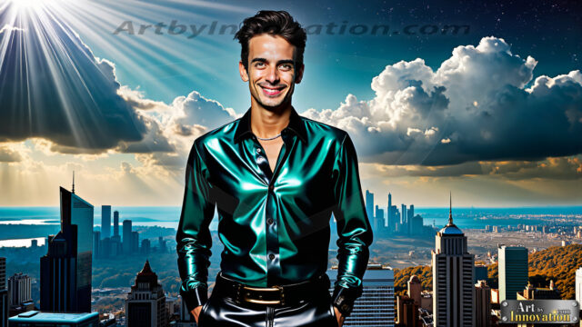 The Men of the Golden City is a collection of AI generated images of beautiful, glamorous, handsome guys in the heavens. The heavenly landscape evokes a sense of magnificence, the majestic gothic architecture, is detailed and crafted to create an atmosphere of reverence and divine glory. The mystical and galactic landscape highlights the golden city. The great detail of the city and the billowing clouds. A golden river flows from the city to the end of the galaxy. The vast galaxy almost covers the image. The stars and constellations sparkle in the galaxy. The city has massive, magnificent, majestic gothic architecture.