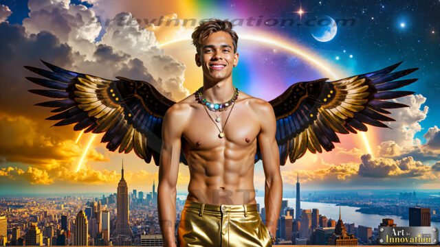 The Men of the Golden City is a collection of AI generated images of beautiful, glamorous, handsome guys in the heavens. The heavenly landscape evokes a sense of magnificence, the majestic gothic architecture, is detailed and crafted to create an atmosphere of reverence and divine glory. The mystical and galactic landscape highlights the golden city. The great detail of the city and the billowing clouds. A golden river flows from the city to the end of the galaxy. The vast galaxy almost covers the image. The stars and constellations sparkle in the galaxy. The city has massive, magnificent, majestic gothic architecture.