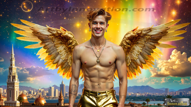 The Men of the Golden City is a collection of AI generated images of beautiful, glamorous, handsome guys in the heavens. The heavenly landscape evokes a sense of magnificence, the majestic gothic architecture, is detailed and crafted to create an atmosphere of reverence and divine glory. The mystical and galactic landscape highlights the golden city. The great detail of the city and the billowing clouds. A golden river flows from the city to the end of the galaxy. The vast galaxy almost covers the image. The stars and constellations sparkle in the galaxy. The city has massive, magnificent, majestic gothic architecture.