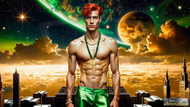 The Men of the Golden City is a collection of AI generated images of beautiful, glamorous, handsome guys in the heavens. The heavenly landscape evokes a sense of magnificence, the majestic gothic architecture, is detailed and crafted to create an atmosphere of reverence and divine glory. The mystical and galactic landscape highlights the golden city. The great detail of the city and the billowing clouds. A golden river flows from the city to the end of the galaxy. The vast galaxy almost covers the image. The stars and constellations sparkle in the galaxy. The city has massive, magnificent, majestic gothic architecture.