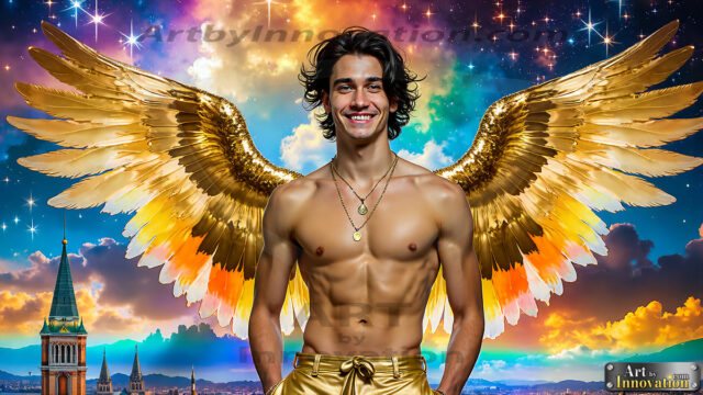 The Men of the Golden City is a collection of AI generated images of beautiful, glamorous, handsome guys in the heavens. The heavenly landscape evokes a sense of magnificence, the majestic gothic architecture, is detailed and crafted to create an atmosphere of reverence and divine glory. The mystical and galactic landscape highlights the golden city. The great detail of the city and the billowing clouds. A golden river flows from the city to the end of the galaxy. The vast galaxy almost covers the image. The stars and constellations sparkle in the galaxy. The city has massive, magnificent, majestic gothic architecture.