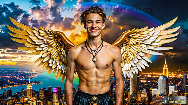 The Men of the Golden City is a collection of AI generated images of beautiful, glamorous, handsome guys in the heavens. The heavenly landscape evokes a sense of magnificence, the majestic gothic architecture, is detailed and crafted to create an atmosphere of reverence and divine glory. The mystical and galactic landscape highlights the golden city. The great detail of the city and the billowing clouds. A golden river flows from the city to the end of the galaxy. The vast galaxy almost covers the image. The stars and constellations sparkle in the galaxy. The city has massive, magnificent, majestic gothic architecture.