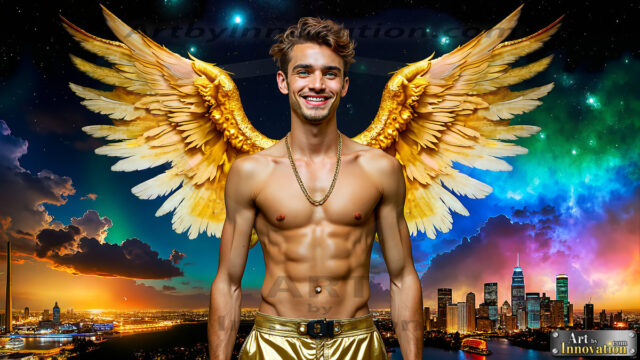 The Men of the Golden City is a collection of AI generated images of beautiful, glamorous, handsome guys in the heavens. The heavenly landscape evokes a sense of magnificence, the majestic gothic architecture, is detailed and crafted to create an atmosphere of reverence and divine glory. The mystical and galactic landscape highlights the golden city. The great detail of the city and the billowing clouds. A golden river flows from the city to the end of the galaxy. The vast galaxy almost covers the image. The stars and constellations sparkle in the galaxy. The city has massive, magnificent, majestic gothic architecture.
