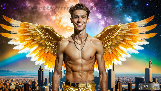 The Men of the Golden City is a collection of AI generated images of beautiful, glamorous, handsome guys in the heavens. The heavenly landscape evokes a sense of magnificence, the majestic gothic architecture, is detailed and crafted to create an atmosphere of reverence and divine glory. The mystical and galactic landscape highlights the golden city. The great detail of the city and the billowing clouds. A golden river flows from the city to the end of the galaxy. The vast galaxy almost covers the image. The stars and constellations sparkle in the galaxy. The city has massive, magnificent, majestic gothic architecture.