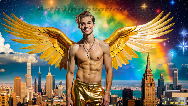 The Men of the Golden City is a collection of AI generated images of beautiful, glamorous, handsome guys in the heavens. The heavenly landscape evokes a sense of magnificence, the majestic gothic architecture, is detailed and crafted to create an atmosphere of reverence and divine glory. The mystical and galactic landscape highlights the golden city. The great detail of the city and the billowing clouds. A golden river flows from the city to the end of the galaxy. The vast galaxy almost covers the image. The stars and constellations sparkle in the galaxy. The city has massive, magnificent, majestic gothic architecture.