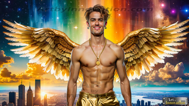 The Men of the Golden City is a collection of AI generated images of beautiful, glamorous, handsome guys in the heavens. The heavenly landscape evokes a sense of magnificence, the majestic gothic architecture, is detailed and crafted to create an atmosphere of reverence and divine glory. The mystical and galactic landscape highlights the golden city. The great detail of the city and the billowing clouds. A golden river flows from the city to the end of the galaxy. The vast galaxy almost covers the image. The stars and constellations sparkle in the galaxy. The city has massive, magnificent, majestic gothic architecture.
