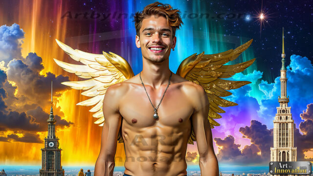 The Men of the Golden City is a collection of AI generated images of beautiful, glamorous, handsome guys in the heavens. The heavenly landscape evokes a sense of magnificence, the majestic gothic architecture, is detailed and crafted to create an atmosphere of reverence and divine glory. The mystical and galactic landscape highlights the golden city. The great detail of the city and the billowing clouds. A golden river flows from the city to the end of the galaxy. The vast galaxy almost covers the image. The stars and constellations sparkle in the galaxy. The city has massive, magnificent, majestic gothic architecture.