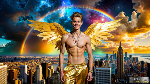 The Men of the Golden City is a collection of AI generated images of beautiful, glamorous, handsome guys in the heavens. The heavenly landscape evokes a sense of magnificence, the majestic gothic architecture, is detailed and crafted to create an atmosphere of reverence and divine glory. The mystical and galactic landscape highlights the golden city. The great detail of the city and the billowing clouds. A golden river flows from the city to the end of the galaxy. The vast galaxy almost covers the image. The stars and constellations sparkle in the galaxy. The city has massive, magnificent, majestic gothic architecture.