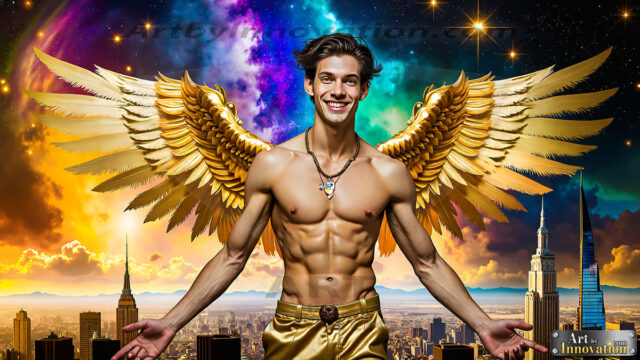 The Men of the Golden City is a collection of AI generated images of beautiful, glamorous, handsome guys in the heavens. The heavenly landscape evokes a sense of magnificence, the majestic gothic architecture, is detailed and crafted to create an atmosphere of reverence and divine glory. The mystical and galactic landscape highlights the golden city. The great detail of the city and the billowing clouds. A golden river flows from the city to the end of the galaxy. The vast galaxy almost covers the image. The stars and constellations sparkle in the galaxy. The city has massive, magnificent, majestic gothic architecture.