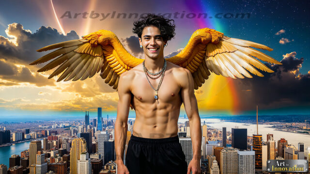 The Men of the Golden City is a collection of AI generated images of beautiful, glamorous, handsome guys in the heavens. The heavenly landscape evokes a sense of magnificence, the majestic gothic architecture, is detailed and crafted to create an atmosphere of reverence and divine glory. The mystical and galactic landscape highlights the golden city. The great detail of the city and the billowing clouds. A golden river flows from the city to the end of the galaxy. The vast galaxy almost covers the image. The stars and constellations sparkle in the galaxy. The city has massive, magnificent, majestic gothic architecture.