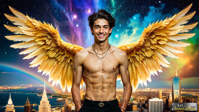 The Men of the Golden City is a collection of AI generated images of beautiful, glamorous, handsome guys in the heavens. The heavenly landscape evokes a sense of magnificence, the majestic gothic architecture, is detailed and crafted to create an atmosphere of reverence and divine glory. The mystical and galactic landscape highlights the golden city. The great detail of the city and the billowing clouds. A golden river flows from the city to the end of the galaxy. The vast galaxy almost covers the image. The stars and constellations sparkle in the galaxy. The city has massive, magnificent, majestic gothic architecture.