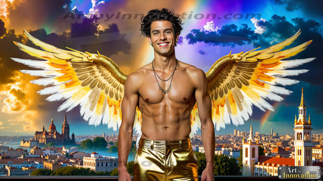 The Men of the Golden City is a collection of AI generated images of beautiful, glamorous, handsome guys in the heavens. The heavenly landscape evokes a sense of magnificence, the majestic gothic architecture, is detailed and crafted to create an atmosphere of reverence and divine glory. The mystical and galactic landscape highlights the golden city. The great detail of the city and the billowing clouds. A golden river flows from the city to the end of the galaxy. The vast galaxy almost covers the image. The stars and constellations sparkle in the galaxy. The city has massive, magnificent, majestic gothic architecture.