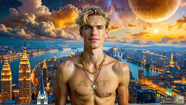The Men of the Golden City is a collection of AI generated images of beautiful, glamorous, handsome guys in the heavens. The heavenly landscape evokes a sense of magnificence, the majestic gothic architecture, is detailed and crafted to create an atmosphere of reverence and divine glory. The mystical and galactic landscape highlights the golden city. The great detail of the city and the billowing clouds. A golden river flows from the city to the end of the galaxy. The vast galaxy almost covers the image. The stars and constellations sparkle in the galaxy. The city has massive, magnificent, majestic gothic architecture.