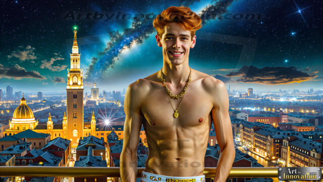 The Men of the Golden City is a collection of AI generated images of beautiful, glamorous, handsome guys in the heavens. The heavenly landscape evokes a sense of magnificence, the majestic gothic architecture, is detailed and crafted to create an atmosphere of reverence and divine glory. The mystical and galactic landscape highlights the golden city. The great detail of the city and the billowing clouds. A golden river flows from the city to the end of the galaxy. The vast galaxy almost covers the image. The stars and constellations sparkle in the galaxy. The city has massive, magnificent, majestic gothic architecture.
