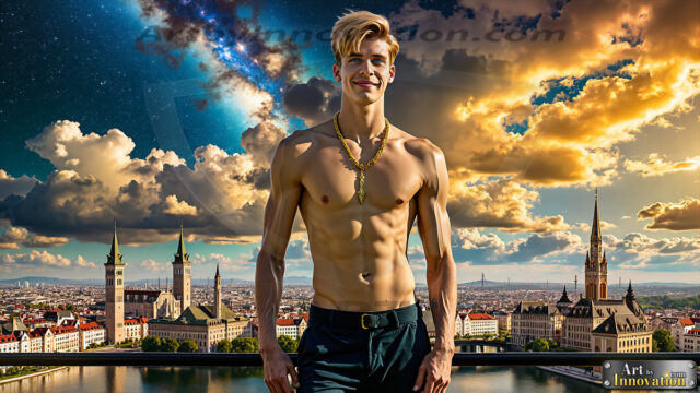 The Men of the Golden City is a collection of AI generated images of beautiful, glamorous, handsome guys in the heavens. The heavenly landscape evokes a sense of magnificence, the majestic gothic architecture, is detailed and crafted to create an atmosphere of reverence and divine glory. The mystical and galactic landscape highlights the golden city. The great detail of the city and the billowing clouds. A golden river flows from the city to the end of the galaxy. The vast galaxy almost covers the image. The stars and constellations sparkle in the galaxy. The city has massive, magnificent, majestic gothic architecture.