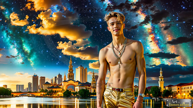 The Men of the Golden City is a collection of AI generated images of beautiful, glamorous, handsome guys in the heavens. The heavenly landscape evokes a sense of magnificence, the majestic gothic architecture, is detailed and crafted to create an atmosphere of reverence and divine glory. The mystical and galactic landscape highlights the golden city. The great detail of the city and the billowing clouds. A golden river flows from the city to the end of the galaxy. The vast galaxy almost covers the image. The stars and constellations sparkle in the galaxy. The city has massive, magnificent, majestic gothic architecture.