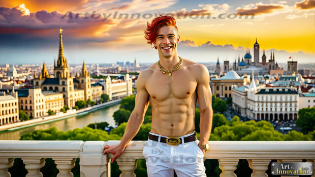 The Men of the Golden City is a collection of AI generated images of beautiful, glamorous, handsome guys in the heavens. The heavenly landscape evokes a sense of magnificence, the majestic gothic architecture, is detailed and crafted to create an atmosphere of reverence and divine glory. The mystical and galactic landscape highlights the golden city. The great detail of the city and the billowing clouds. A golden river flows from the city to the end of the galaxy. The vast galaxy almost covers the image. The stars and constellations sparkle in the galaxy. The city has massive, magnificent, majestic gothic architecture.