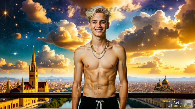 The Men of the Golden City is a collection of AI generated images of beautiful, glamorous, handsome guys in the heavens. The heavenly landscape evokes a sense of magnificence, the majestic gothic architecture, is detailed and crafted to create an atmosphere of reverence and divine glory. The mystical and galactic landscape highlights the golden city. The great detail of the city and the billowing clouds. A golden river flows from the city to the end of the galaxy. The vast galaxy almost covers the image. The stars and constellations sparkle in the galaxy. The city has massive, magnificent, majestic gothic architecture.