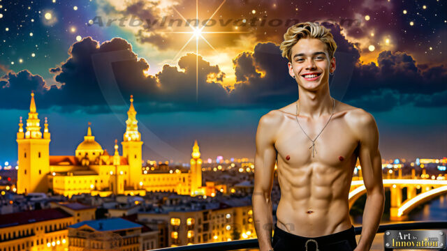 The Men of the Golden City is a collection of AI generated images of beautiful, glamorous, handsome guys in the heavens. The heavenly landscape evokes a sense of magnificence, the majestic gothic architecture, is detailed and crafted to create an atmosphere of reverence and divine glory. The mystical and galactic landscape highlights the golden city. The great detail of the city and the billowing clouds. A golden river flows from the city to the end of the galaxy. The vast galaxy almost covers the image. The stars and constellations sparkle in the galaxy. The city has massive, magnificent, majestic gothic architecture.