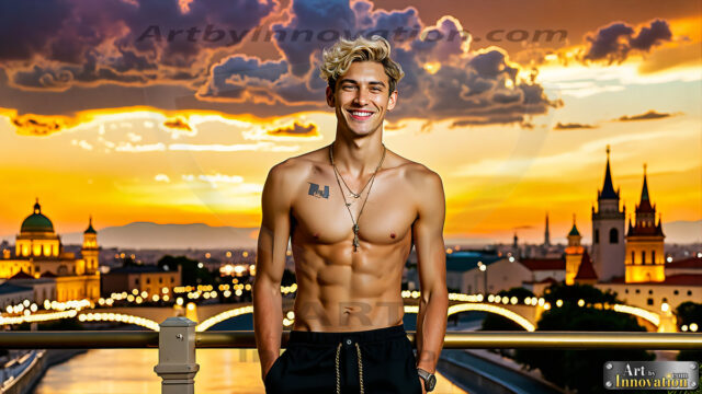 The Men of the Golden City is a collection of AI generated images of beautiful, glamorous, handsome guys in the heavens. The heavenly landscape evokes a sense of magnificence, the majestic gothic architecture, is detailed and crafted to create an atmosphere of reverence and divine glory. The mystical and galactic landscape highlights the golden city. The great detail of the city and the billowing clouds. A golden river flows from the city to the end of the galaxy. The vast galaxy almost covers the image. The stars and constellations sparkle in the galaxy. The city has massive, magnificent, majestic gothic architecture.