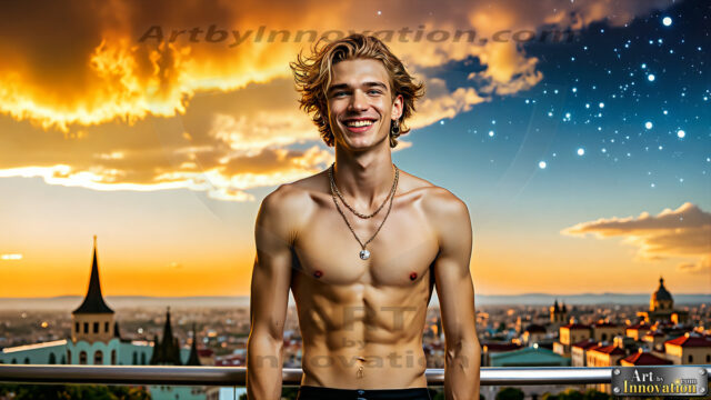 The Men of the Golden City is a collection of AI generated images of beautiful, glamorous, handsome guys in the heavens. The heavenly landscape evokes a sense of magnificence, the majestic gothic architecture, is detailed and crafted to create an atmosphere of reverence and divine glory. The mystical and galactic landscape highlights the golden city. The great detail of the city and the billowing clouds. A golden river flows from the city to the end of the galaxy. The vast galaxy almost covers the image. The stars and constellations sparkle in the galaxy. The city has massive, magnificent, majestic gothic architecture.