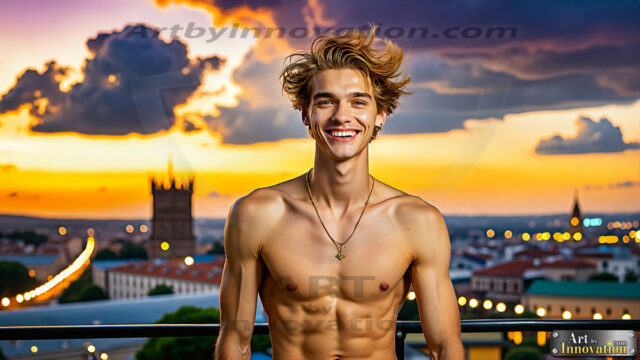 The Men of the Golden City is a collection of AI generated images of beautiful, glamorous, handsome guys in the heavens. The heavenly landscape evokes a sense of magnificence, the majestic gothic architecture, is detailed and crafted to create an atmosphere of reverence and divine glory. The mystical and galactic landscape highlights the golden city. The great detail of the city and the billowing clouds. A golden river flows from the city to the end of the galaxy. The vast galaxy almost covers the image. The stars and constellations sparkle in the galaxy. The city has massive, magnificent, majestic gothic architecture.