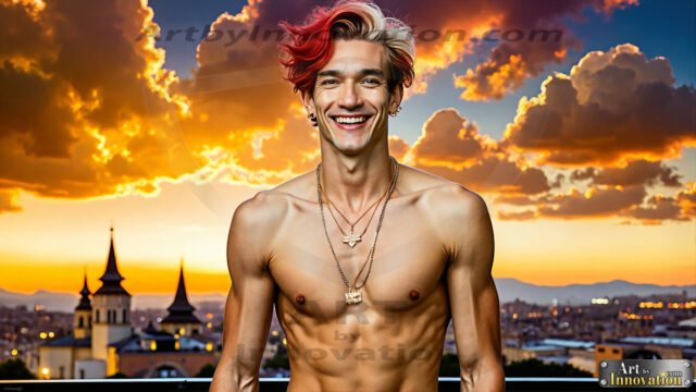 The Men of the Golden City is a collection of AI generated images of beautiful, glamorous, handsome guys in the heavens. The heavenly landscape evokes a sense of magnificence, the majestic gothic architecture, is detailed and crafted to create an atmosphere of reverence and divine glory. The mystical and galactic landscape highlights the golden city. The great detail of the city and the billowing clouds. A golden river flows from the city to the end of the galaxy. The vast galaxy almost covers the image. The stars and constellations sparkle in the galaxy. The city has massive, magnificent, majestic gothic architecture.