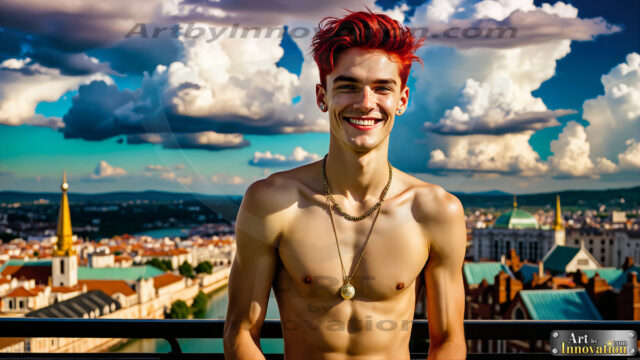 The Men of the Golden City is a collection of AI generated images of beautiful, glamorous, handsome guys in the heavens. The heavenly landscape evokes a sense of magnificence, the majestic gothic architecture, is detailed and crafted to create an atmosphere of reverence and divine glory. The mystical and galactic landscape highlights the golden city. The great detail of the city and the billowing clouds. A golden river flows from the city to the end of the galaxy. The vast galaxy almost covers the image. The stars and constellations sparkle in the galaxy. The city has massive, magnificent, majestic gothic architecture.