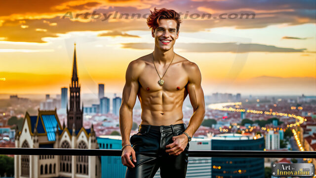 The Men of the Golden City is a collection of AI generated images of beautiful, glamorous, handsome guys in the heavens. The heavenly landscape evokes a sense of magnificence, the majestic gothic architecture, is detailed and crafted to create an atmosphere of reverence and divine glory. The mystical and galactic landscape highlights the golden city. The great detail of the city and the billowing clouds. A golden river flows from the city to the end of the galaxy. The vast galaxy almost covers the image. The stars and constellations sparkle in the galaxy. The city has massive, magnificent, majestic gothic architecture.