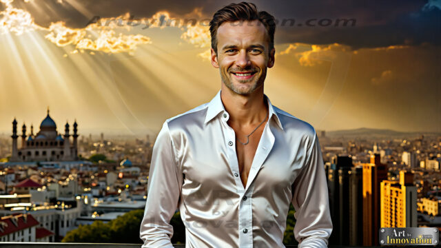 The Men of the Golden City is a collection of AI generated images of beautiful, glamorous, handsome guys in the heavens. The heavenly landscape evokes a sense of magnificence, the majestic gothic architecture, is detailed and crafted to create an atmosphere of reverence and divine glory. The mystical and galactic landscape highlights the golden city. The great detail of the city and the billowing clouds. A golden river flows from the city to the end of the galaxy. The vast galaxy almost covers the image. The stars and constellations sparkle in the galaxy. The city has massive, magnificent, majestic gothic architecture.