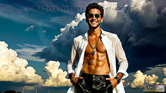 The Men of the Golden City is a collection of AI generated images of beautiful, glamorous, handsome guys in the heavens. The heavenly landscape evokes a sense of magnificence, the majestic gothic architecture, is detailed and crafted to create an atmosphere of reverence and divine glory. The mystical and galactic landscape highlights the golden city. The great detail of the city and the billowing clouds. A golden river flows from the city to the end of the galaxy. The vast galaxy almost covers the image. The stars and constellations sparkle in the galaxy. The city has massive, magnificent, majestic gothic architecture.