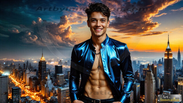 The Men of the Golden City is a collection of AI generated images of beautiful, glamorous, handsome guys in the heavens. The heavenly landscape evokes a sense of magnificence, the majestic gothic architecture, is detailed and crafted to create an atmosphere of reverence and divine glory. The mystical and galactic landscape highlights the golden city. The great detail of the city and the billowing clouds. A golden river flows from the city to the end of the galaxy. The vast galaxy almost covers the image. The stars and constellations sparkle in the galaxy. The city has massive, magnificent, majestic gothic architecture.