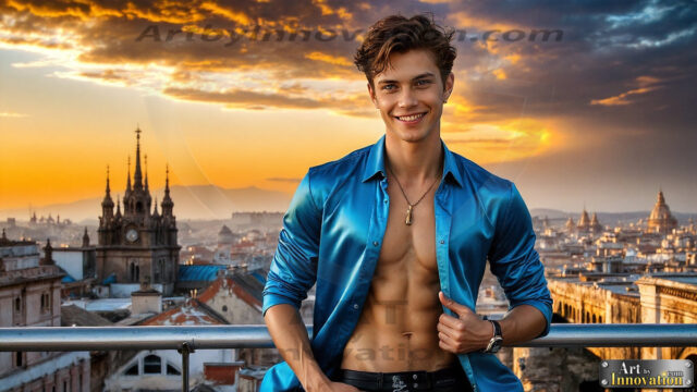 The Men of the Golden City is a collection of AI generated images of beautiful, glamorous, handsome guys in the heavens. The heavenly landscape evokes a sense of magnificence, the majestic gothic architecture, is detailed and crafted to create an atmosphere of reverence and divine glory. The mystical and galactic landscape highlights the golden city. The great detail of the city and the billowing clouds. A golden river flows from the city to the end of the galaxy. The vast galaxy almost covers the image. The stars and constellations sparkle in the galaxy. The city has massive, magnificent, majestic gothic architecture.