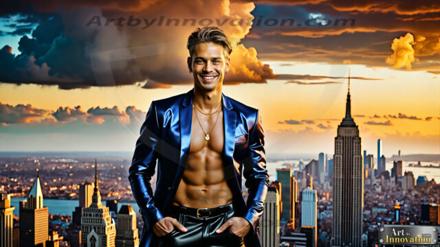 The Men of the Golden City is a collection of AI generated images of beautiful, glamorous, handsome guys in the heavens. The heavenly landscape evokes a sense of magnificence, the majestic gothic architecture, is detailed and crafted to create an atmosphere of reverence and divine glory. The mystical and galactic landscape highlights the golden city. The great detail of the city and the billowing clouds. A golden river flows from the city to the end of the galaxy. The vast galaxy almost covers the image. The stars and constellations sparkle in the galaxy. The city has massive, magnificent, majestic gothic architecture.