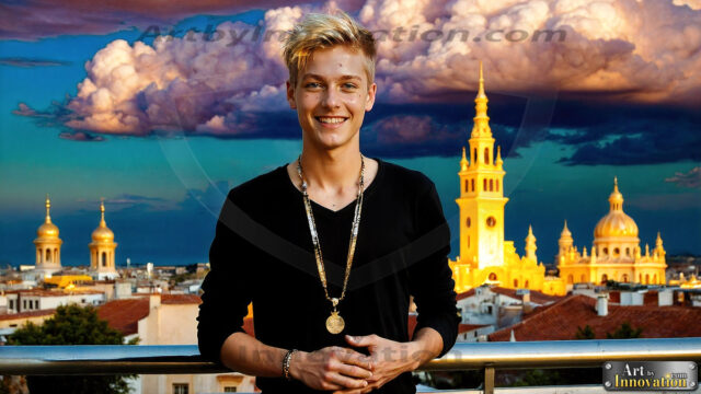 The Men of the Golden City is a collection of AI generated images of beautiful, glamorous, handsome guys in the heavens. The heavenly landscape evokes a sense of magnificence, the majestic gothic architecture, is detailed and crafted to create an atmosphere of reverence and divine glory. The mystical and galactic landscape highlights the golden city. The great detail of the city and the billowing clouds. A golden river flows from the city to the end of the galaxy. The vast galaxy almost covers the image. The stars and constellations sparkle in the galaxy. The city has massive, magnificent, majestic gothic architecture.