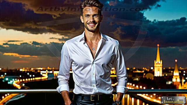 The Men of the Golden City is a collection of AI generated images of beautiful, glamorous, handsome guys in the heavens. The heavenly landscape evokes a sense of magnificence, the majestic gothic architecture, is detailed and crafted to create an atmosphere of reverence and divine glory. The mystical and galactic landscape highlights the golden city. The great detail of the city and the billowing clouds. A golden river flows from the city to the end of the galaxy. The vast galaxy almost covers the image. The stars and constellations sparkle in the galaxy. The city has massive, magnificent, majestic gothic architecture.