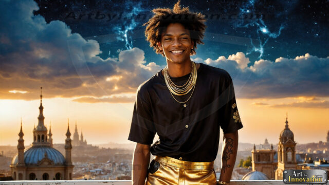 The Men of the Golden City is a collection of AI generated images of beautiful, glamorous, handsome guys in the heavens. The heavenly landscape evokes a sense of magnificence, the majestic gothic architecture, is detailed and crafted to create an atmosphere of reverence and divine glory. The mystical and galactic landscape highlights the golden city. The great detail of the city and the billowing clouds. A golden river flows from the city to the end of the galaxy. The vast galaxy almost covers the image. The stars and constellations sparkle in the galaxy. The city has massive, magnificent, majestic gothic architecture.