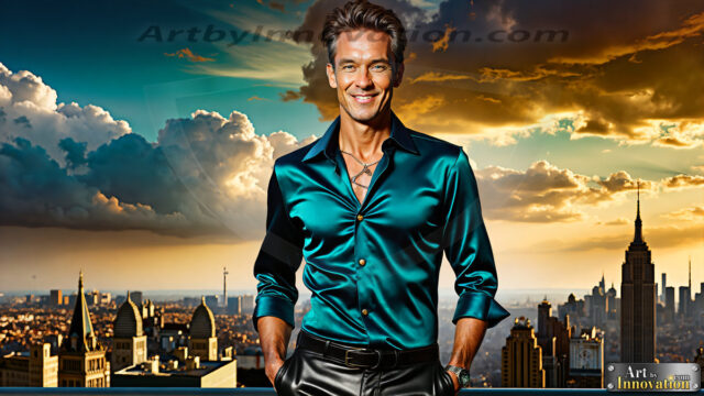 The Men of the Golden City is a collection of AI generated images of beautiful, glamorous, handsome guys in the heavens. The heavenly landscape evokes a sense of magnificence, the majestic gothic architecture, is detailed and crafted to create an atmosphere of reverence and divine glory. The mystical and galactic landscape highlights the golden city. The great detail of the city and the billowing clouds. A golden river flows from the city to the end of the galaxy. The vast galaxy almost covers the image. The stars and constellations sparkle in the galaxy. The city has massive, magnificent, majestic gothic architecture.