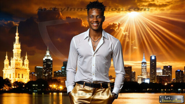 The Men of the Golden City is a collection of AI generated images of beautiful, glamorous, handsome guys in the heavens. The heavenly landscape evokes a sense of magnificence, the majestic gothic architecture, is detailed and crafted to create an atmosphere of reverence and divine glory. The mystical and galactic landscape highlights the golden city. The great detail of the city and the billowing clouds. A golden river flows from the city to the end of the galaxy. The vast galaxy almost covers the image. The stars and constellations sparkle in the galaxy. The city has massive, magnificent, majestic gothic architecture.