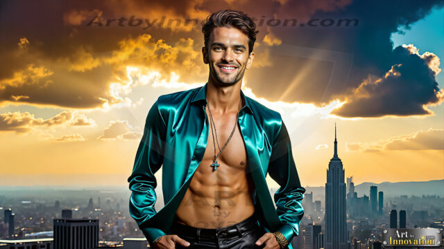The Men of the Golden City is a collection of AI generated images of beautiful, glamorous, handsome guys in the heavens. The heavenly landscape evokes a sense of magnificence, the majestic gothic architecture, is detailed and crafted to create an atmosphere of reverence and divine glory. The mystical and galactic landscape highlights the golden city. The great detail of the city and the billowing clouds. A golden river flows from the city to the end of the galaxy. The vast galaxy almost covers the image. The stars and constellations sparkle in the galaxy. The city has massive, magnificent, majestic gothic architecture.