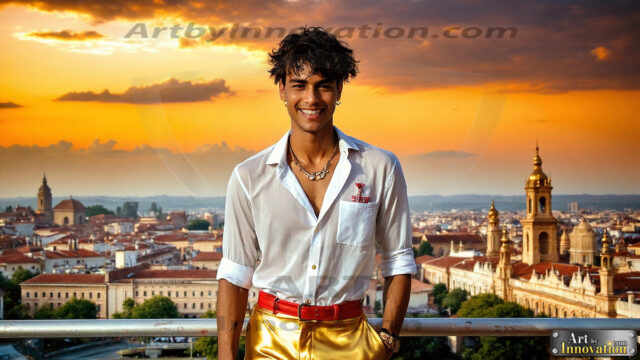 The Men of the Golden City is a collection of AI generated images of beautiful, glamorous, handsome guys in the heavens. The heavenly landscape evokes a sense of magnificence, the majestic gothic architecture, is detailed and crafted to create an atmosphere of reverence and divine glory. The mystical and galactic landscape highlights the golden city. The great detail of the city and the billowing clouds. A golden river flows from the city to the end of the galaxy. The vast galaxy almost covers the image. The stars and constellations sparkle in the galaxy. The city has massive, magnificent, majestic gothic architecture.