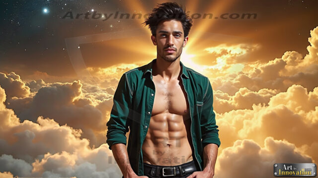 The Men of the Golden City is a collection of AI generated images of beautiful, glamorous, handsome guys in the heavens. The heavenly landscape evokes a sense of magnificence, the majestic gothic architecture, is detailed and crafted to create an atmosphere of reverence and divine glory. The mystical and galactic landscape highlights the golden city. The great detail of the city and the billowing clouds. A golden river flows from the city to the end of the galaxy. The vast galaxy almost covers the image. The stars and constellations sparkle in the galaxy. The city has massive, magnificent, majestic gothic architecture.
