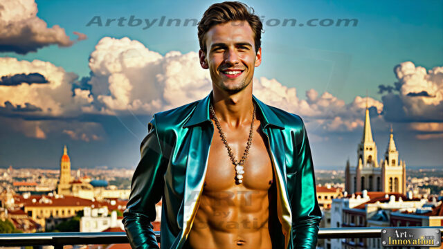 The Men of the Golden City is a collection of AI generated images of beautiful, glamorous, handsome guys in the heavens. The heavenly landscape evokes a sense of magnificence, the majestic gothic architecture, is detailed and crafted to create an atmosphere of reverence and divine glory. The mystical and galactic landscape highlights the golden city. The great detail of the city and the billowing clouds. A golden river flows from the city to the end of the galaxy. The vast galaxy almost covers the image. The stars and constellations sparkle in the galaxy. The city has massive, magnificent, majestic gothic architecture.