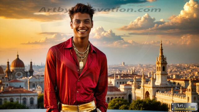 The Men of the Golden City is a collection of AI generated images of beautiful, glamorous, handsome guys in the heavens. The heavenly landscape evokes a sense of magnificence, the majestic gothic architecture, is detailed and crafted to create an atmosphere of reverence and divine glory. The mystical and galactic landscape highlights the golden city. The great detail of the city and the billowing clouds. A golden river flows from the city to the end of the galaxy. The vast galaxy almost covers the image. The stars and constellations sparkle in the galaxy. The city has massive, magnificent, majestic gothic architecture.