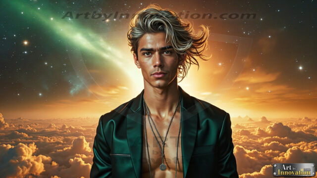 The Men of the Golden City is a collection of AI generated images of beautiful, glamorous, handsome guys in the heavens. The heavenly landscape evokes a sense of magnificence, the majestic gothic architecture, is detailed and crafted to create an atmosphere of reverence and divine glory. The mystical and galactic landscape highlights the golden city. The great detail of the city and the billowing clouds. A golden river flows from the city to the end of the galaxy. The vast galaxy almost covers the image. The stars and constellations sparkle in the galaxy. The city has massive, magnificent, majestic gothic architecture.