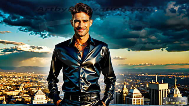The Men of the Golden City is a collection of AI generated images of beautiful, glamorous, handsome guys in the heavens. The heavenly landscape evokes a sense of magnificence, the majestic gothic architecture, is detailed and crafted to create an atmosphere of reverence and divine glory. The mystical and galactic landscape highlights the golden city. The great detail of the city and the billowing clouds. A golden river flows from the city to the end of the galaxy. The vast galaxy almost covers the image. The stars and constellations sparkle in the galaxy. The city has massive, magnificent, majestic gothic architecture.