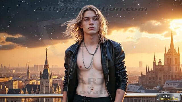 The Men of the Golden City is a collection of AI generated images of beautiful, glamorous, handsome guys in the heavens. The heavenly landscape evokes a sense of magnificence, the majestic gothic architecture, is detailed and crafted to create an atmosphere of reverence and divine glory. The mystical and galactic landscape highlights the golden city. The great detail of the city and the billowing clouds. A golden river flows from the city to the end of the galaxy. The vast galaxy almost covers the image. The stars and constellations sparkle in the galaxy. The city has massive, magnificent, majestic gothic architecture.