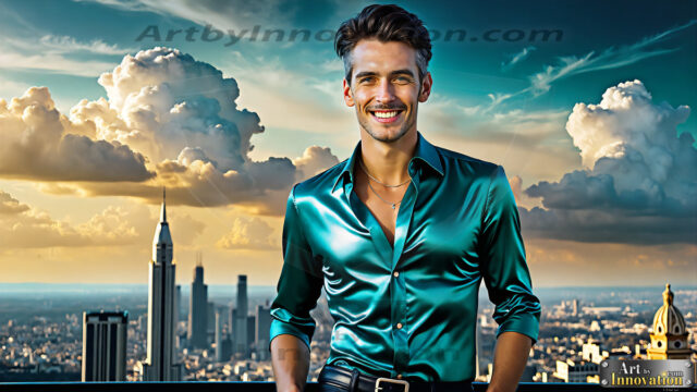 The Men of the Golden City is a collection of AI generated images of beautiful, glamorous, handsome guys in the heavens. The heavenly landscape evokes a sense of magnificence, the majestic gothic architecture, is detailed and crafted to create an atmosphere of reverence and divine glory. The mystical and galactic landscape highlights the golden city. The great detail of the city and the billowing clouds. A golden river flows from the city to the end of the galaxy. The vast galaxy almost covers the image. The stars and constellations sparkle in the galaxy. The city has massive, magnificent, majestic gothic architecture.